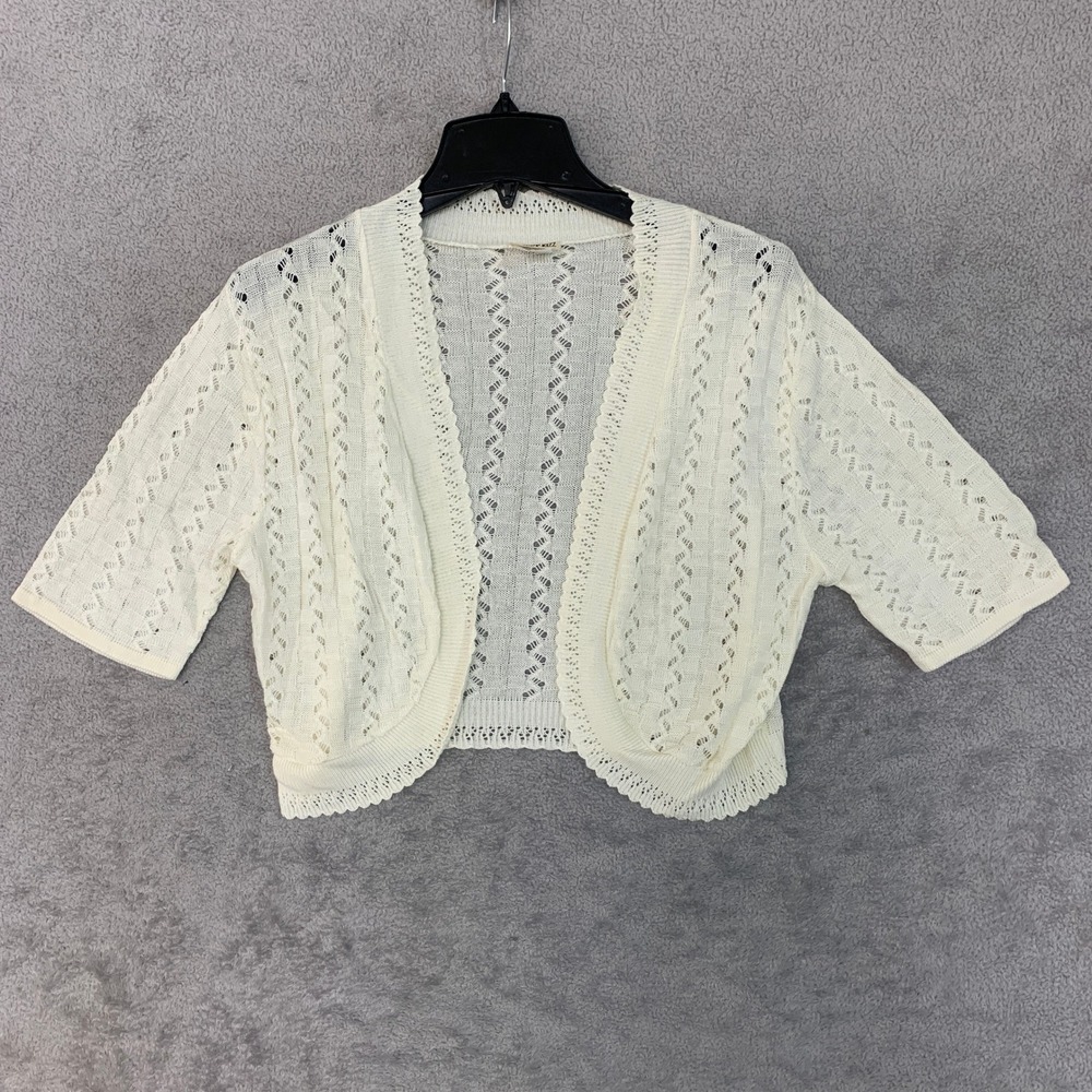Vintage Sweet Kizz  Women's Large Ivory Acrylic Pointelle Cropped Cardigan